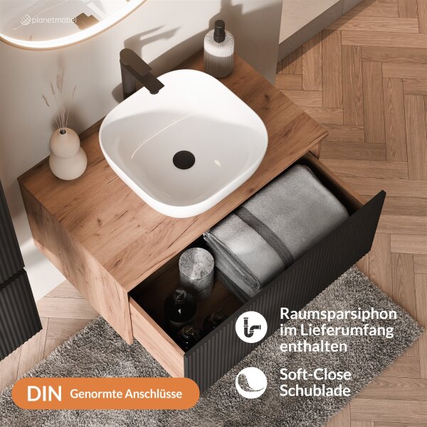 ARISA Badmöbel Set Schwarz Geriffelt – Mit Veluna LED Spiegel und weißem Keramik-Aufsatzwaschbecken 42 cm