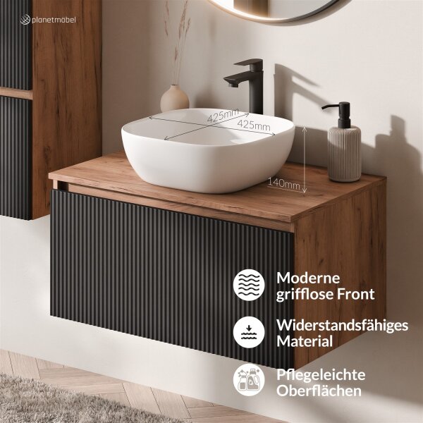 ARISA Badmöbel Set Schwarz Geriffelt – Mit Veluna LED Spiegel und weißem Keramik-Aufsatzwaschbecken 42 cm