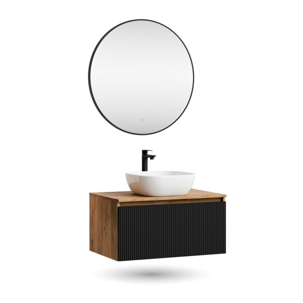ARISA Badmöbel Set Schwarz Geriffelt – Mit Veluna LED Spiegel und weißem Keramik-Aufsatzwaschbecken 42 cm