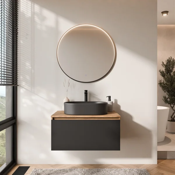 ARISA Bathroom Furniture Set, Black Ribbed – With Veluna LED Mirror and White Ceramic Countertop Sink (55 cm)