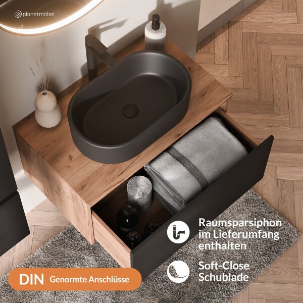 ARISA Badmöbel Set Schwarz Geriffelt – Mit Veluna LED Spiegel und weißem Keramik-Aufsatzwaschbecken 55 cm