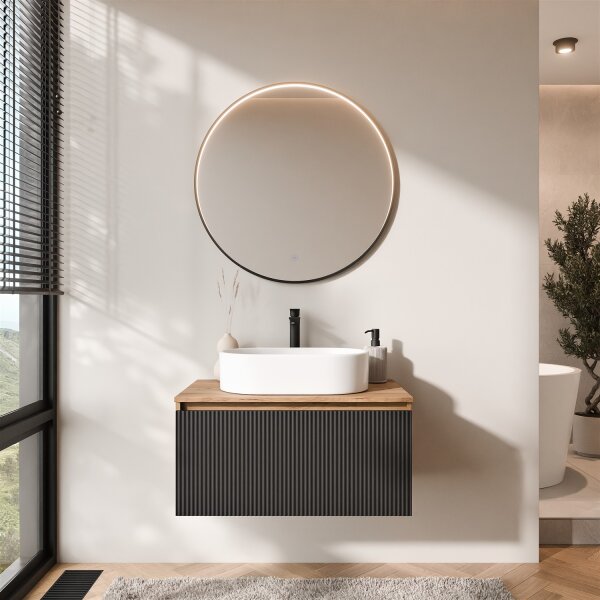 ARISA Badmöbel Set Schwarz Geriffelt – Mit Veluna LED Spiegel und weißem Keramik-Aufsatzwaschbecken 55 cm