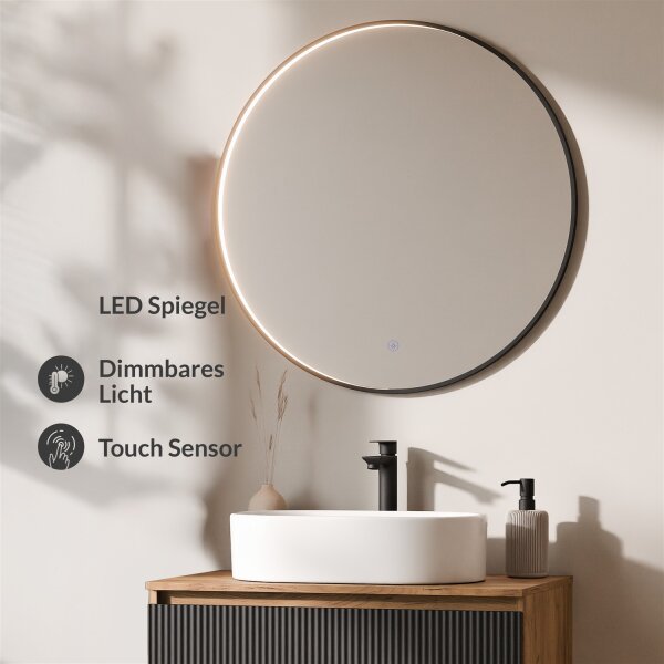 ARISA Badmöbel Set Schwarz Geriffelt – Mit Veluna LED Spiegel und weißem Keramik-Aufsatzwaschbecken 55 cm