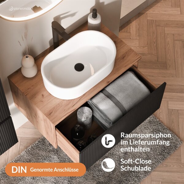 ARISA Badmöbel Set Schwarz Geriffelt – Mit Veluna LED Spiegel und weißem Keramik-Aufsatzwaschbecken 55 cm