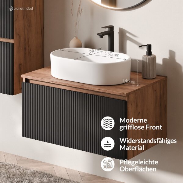 ARISA Badmöbel Set Schwarz Geriffelt – Mit Veluna LED Spiegel und weißem Keramik-Aufsatzwaschbecken 55 cm