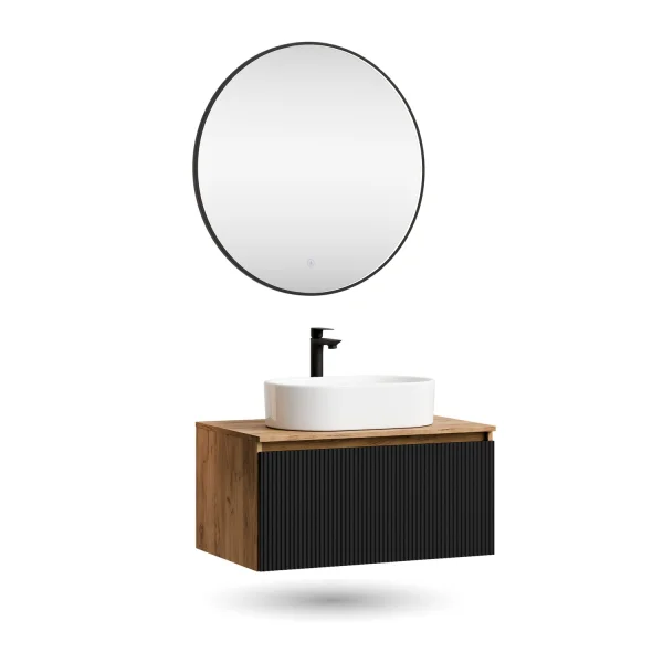 ARISA Bathroom Furniture Set, Black Ribbed – With Veluna LED Mirror and White Ceramic Countertop Sink (55 cm)