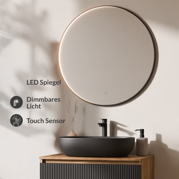 ARISA Badmöbel Set Schwarz Geriffelt – Mit Veluna LED Spiegel und schwarzem Keramik-Aufsatzwaschbecken 60 cm