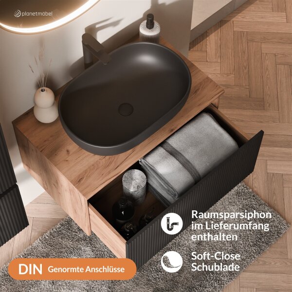ARISA Badmöbel Set Schwarz Geriffelt – Mit Veluna LED Spiegel und schwarzem Keramik-Aufsatzwaschbecken 60 cm