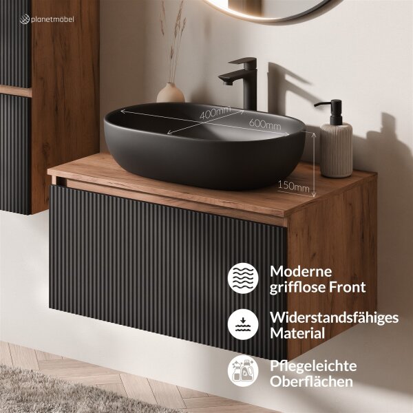 ARISA Badmöbel Set Schwarz Geriffelt – Mit Veluna LED Spiegel und schwarzem Keramik-Aufsatzwaschbecken 60 cm