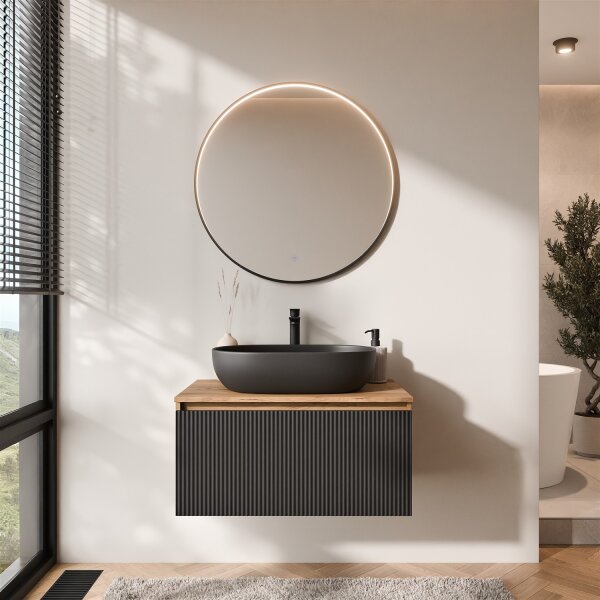 ARISA Badmöbel Set Schwarz Geriffelt – Mit Veluna LED Spiegel und weißem Keramik-Aufsatzwaschbecken 60 cm