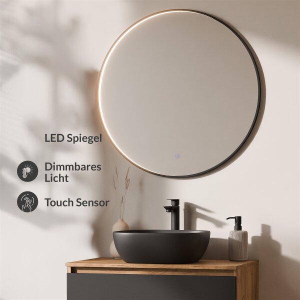 ARISA Badmöbel Set Schwarz – Mit Veluna LED Spiegel und schwarzem Keramik-Aufsatzwaschbecken 42 cm