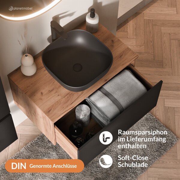 ARISA Badmöbel Set Schwarz – Mit Veluna LED Spiegel und schwarzem Keramik-Aufsatzwaschbecken 42 cm