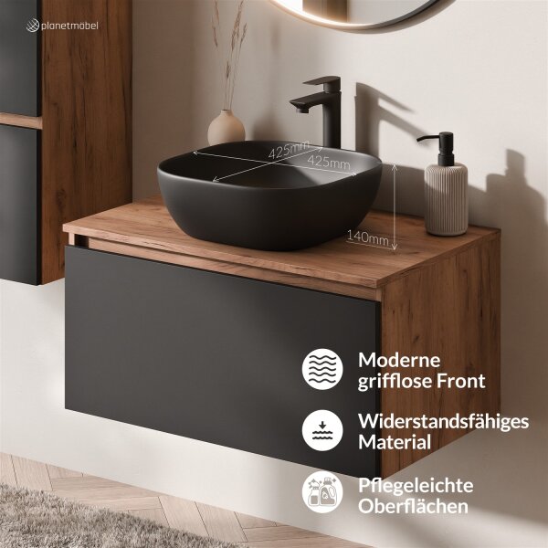 ARISA Badmöbel Set Schwarz – Mit Veluna LED Spiegel und schwarzem Keramik-Aufsatzwaschbecken 42 cm