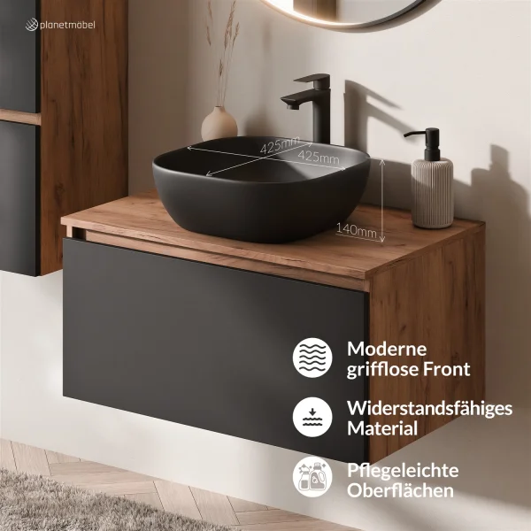 Ensemble de meubles de salle de bains ARISA noir – Avec miroir LED Veluna et vasque à poser en céramique noire de 42 cm