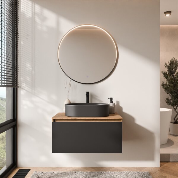 ARISA Badmöbel Set Schwarz – Mit Veluna LED Spiegel und schwarzem Keramik-Aufsatzwaschbecken 55 cm