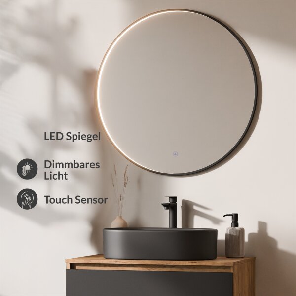 ARISA Badmöbel Set Schwarz – Mit Veluna LED Spiegel und schwarzem Keramik-Aufsatzwaschbecken 55 cm