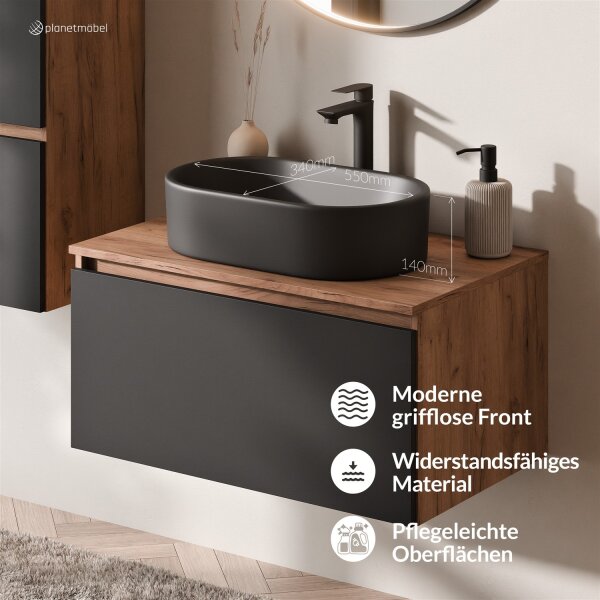 ARISA Badmöbel Set Schwarz – Mit Veluna LED Spiegel und schwarzem Keramik-Aufsatzwaschbecken 55 cm