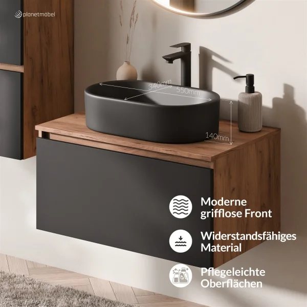 ARISA Badmöbel Set Schwarz – Mit Veluna LED Spiegel und schwarzem Keramik-Aufsatzwaschbecken 55 cm