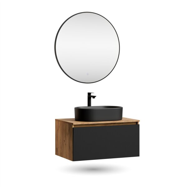 ARISA Badmöbel Set Schwarz – Mit Veluna LED Spiegel und schwarzem Keramik-Aufsatzwaschbecken 55 cm