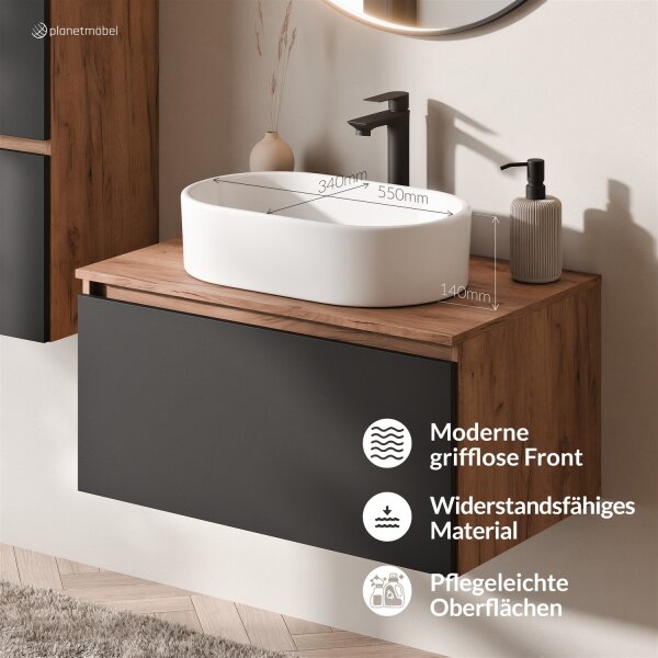 ARISA Badmöbel Set Schwarz – Mit Veluna LED Spiegel und weißem Keramik-Aufsatzwaschbecken 55 cm