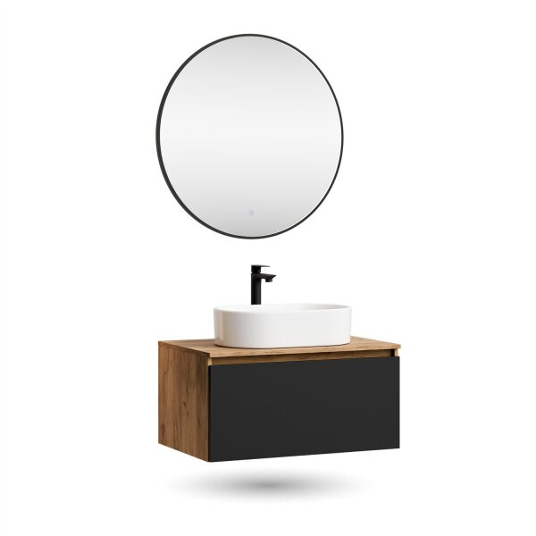 ARISA Badmöbel Set Schwarz – Mit Veluna LED Spiegel und weißem Keramik-Aufsatzwaschbecken 55 cm