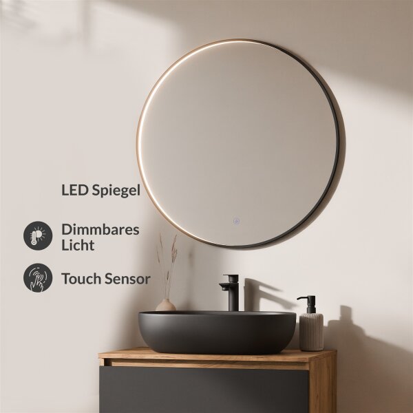 ARISA Badmöbel Set Weiß Geriffelt – Mit Veluna LED Spiegel und weißem Keramik-Aufsatzwaschbecken 60 cm