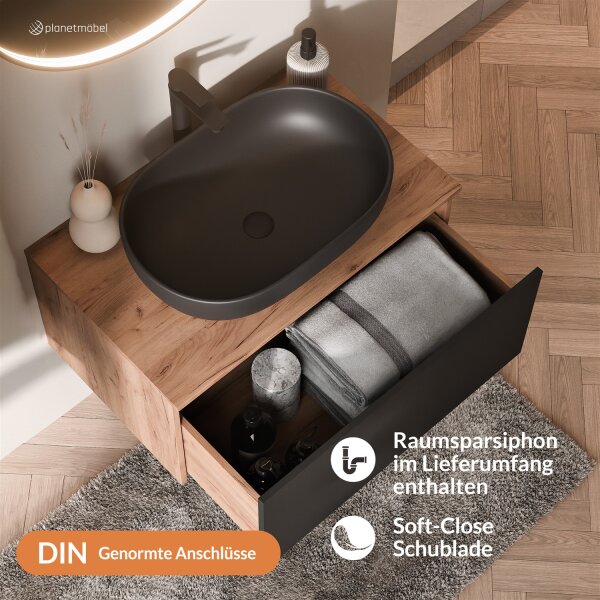 ARISA Badmöbel Set Weiß Geriffelt – Mit Veluna LED Spiegel und weißem Keramik-Aufsatzwaschbecken 60 cm