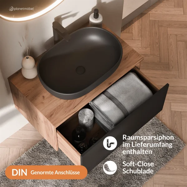 ARISA Bathroom Furniture Set, White Ribbed – With Veluna LED Mirror and White Ceramic Countertop Sink (60 cm)
