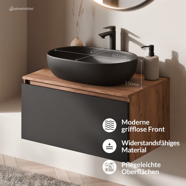 ARISA Badmöbel Set Weiß Geriffelt – Mit Veluna LED Spiegel und weißem Keramik-Aufsatzwaschbecken 60 cm