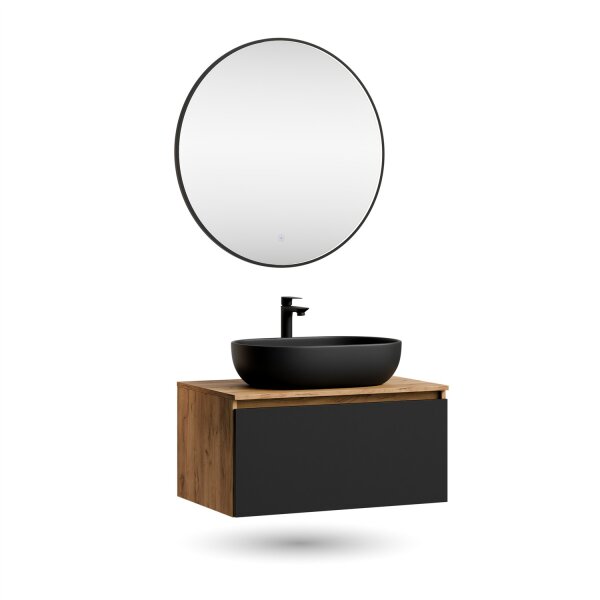 ARISA Badmöbel Set Weiß Geriffelt – Mit Veluna LED Spiegel und weißem Keramik-Aufsatzwaschbecken 60 cm