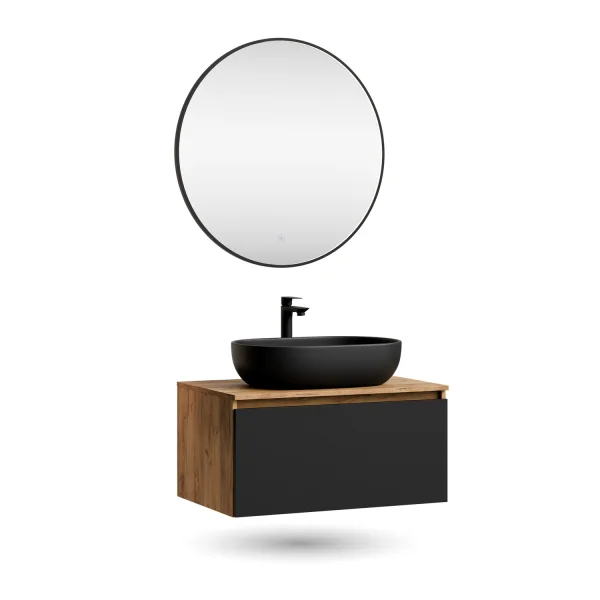 ARISA Bathroom Furniture Set, White Ribbed – With Veluna LED Mirror and White Ceramic Countertop Sink (60 cm)