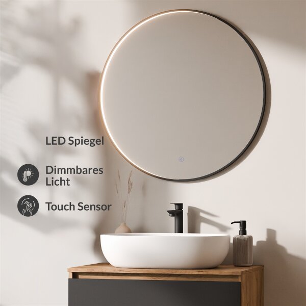 ARISA Badmöbel Set Schwarz – Mit Veluna LED Spiegel und weißem Keramik-Aufsatzwaschbecken 60 cm