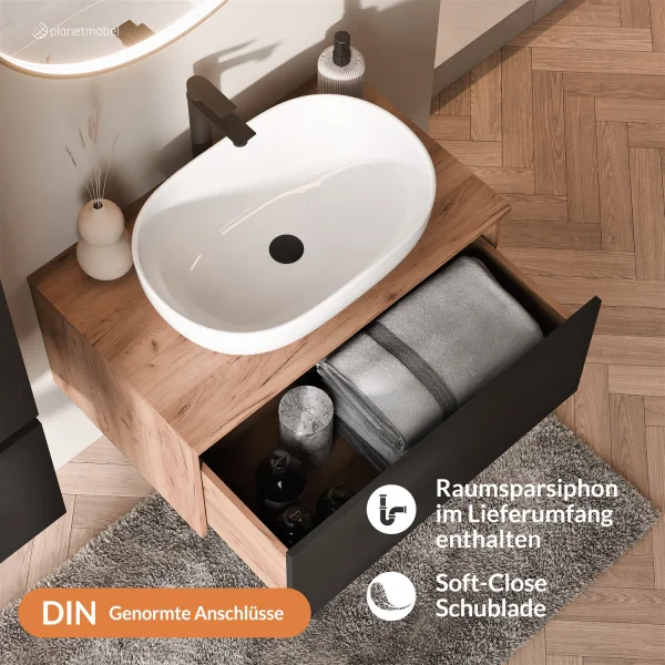 ARISA Badmöbel Set Schwarz – Mit Veluna LED Spiegel und weißem Keramik-Aufsatzwaschbecken 60 cm