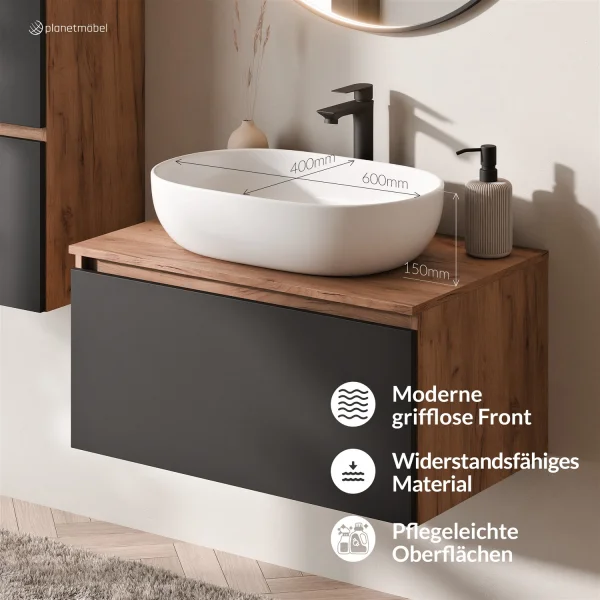 ARISA Badmöbel Set Schwarz – Mit Veluna LED Spiegel und weißem Keramik-Aufsatzwaschbecken 60 cm