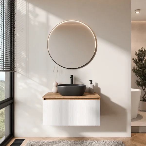 ARISA Badmöbel Set Weiß Geriffelt – Mit Veluna LED Spiegel und schwarzem Keramik-Aufsatzwaschbecken 42 cm