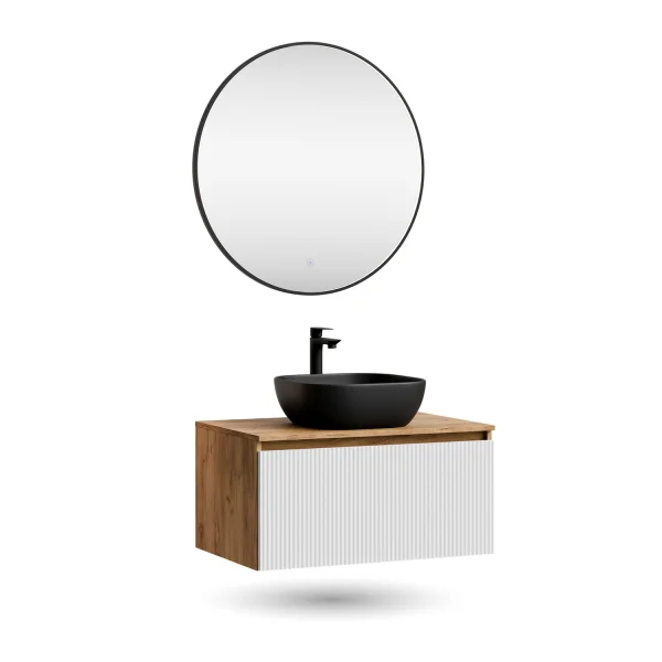 ARISA Badmöbel Set Weiß Geriffelt – Mit Veluna LED Spiegel und schwarzem Keramik-Aufsatzwaschbecken 42 cm