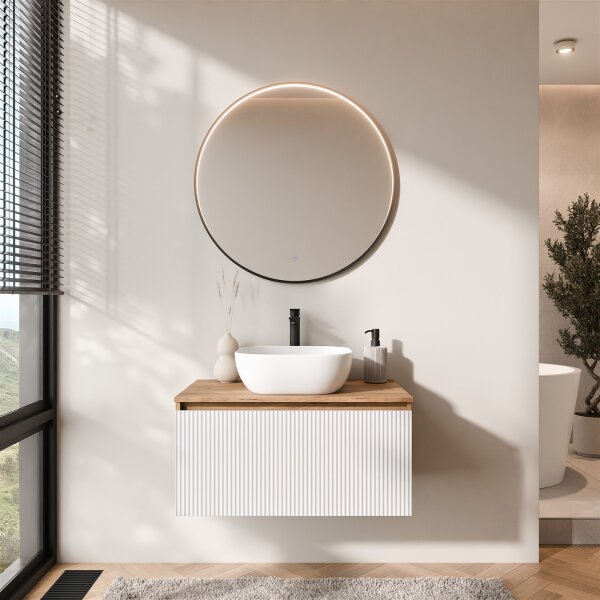 ARISA Badmöbel Set Weiß Geriffelt – Mit Veluna LED Spiegel und weißem Keramik-Aufsatzwaschbecken 42 cm
