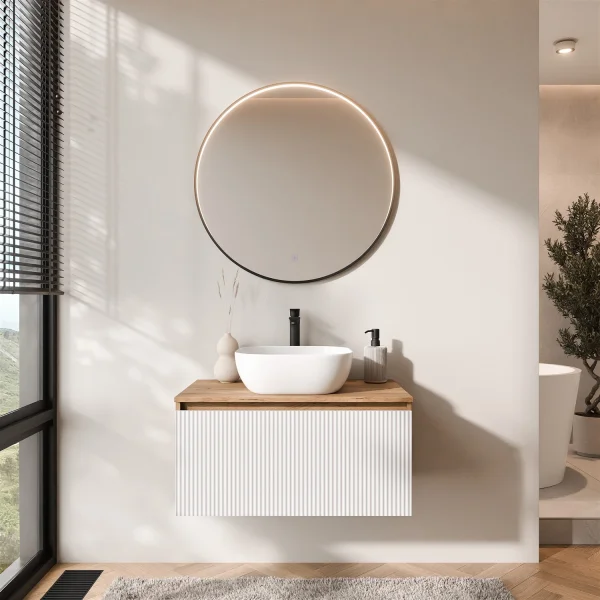 ARISA Bathroom Furniture Set, White Ribbed – With Veluna LED Mirror and White Ceramic Countertop Sink (42 cm)