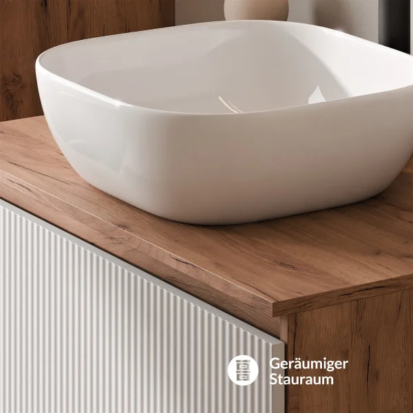 ARISA Bathroom Furniture Set, White Ribbed – With Veluna LED Mirror and White Ceramic Countertop Sink (42 cm)