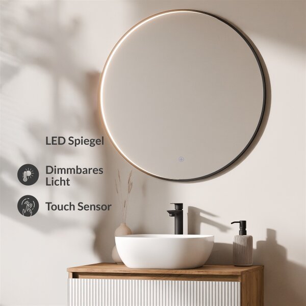 ARISA Badmöbel Set Weiß Geriffelt – Mit Veluna LED Spiegel und weißem Keramik-Aufsatzwaschbecken 42 cm