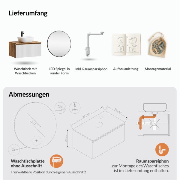 ARISA Badmöbel Set Weiß Geriffelt – Mit Veluna LED Spiegel und weißem Keramik-Aufsatzwaschbecken 42 cm
