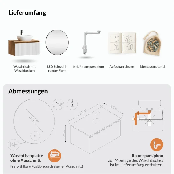 ARISA Bathroom Furniture Set, White Ribbed – With Veluna LED Mirror and White Ceramic Countertop Sink (42 cm)