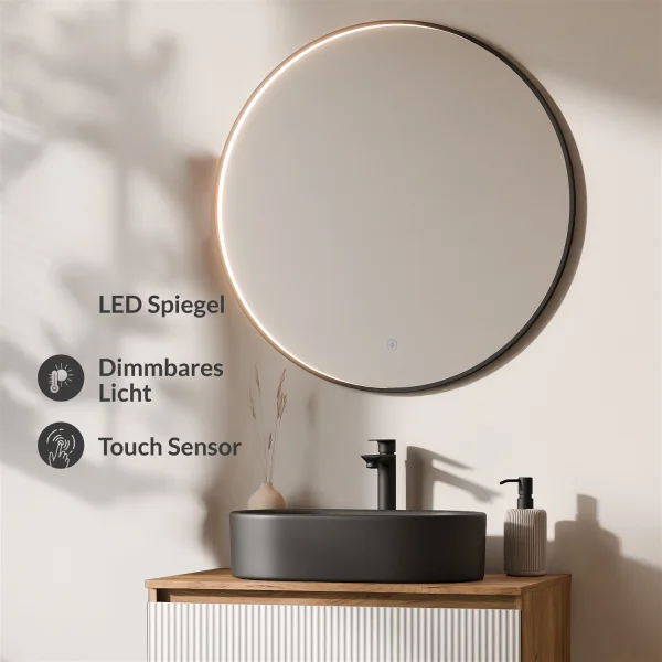 Ensemble de meubles de salle de bains ARISA blanc strié – Avec miroir LED Veluna et vasque à poser en céramique noire de 55 cm