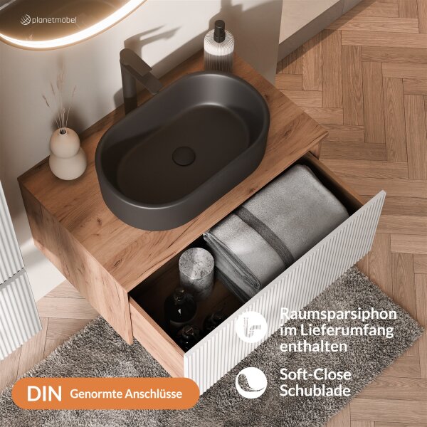 ARISA Badmöbel Set Weiß Geriffelt – Mit Veluna LED Spiegel und schwarzem Keramik-Aufsatzwaschbecken 55 cm