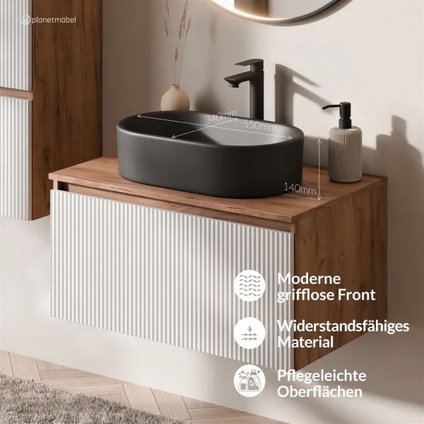 Ensemble de meubles de salle de bains ARISA blanc strié – Avec miroir LED Veluna et vasque à poser en céramique noire de 55 cm