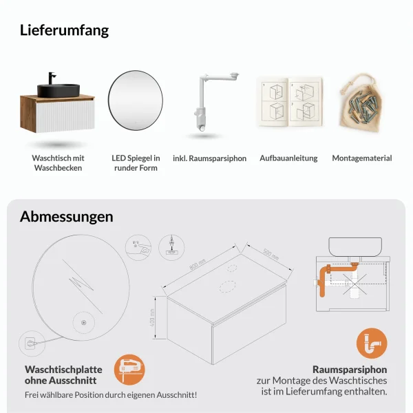 Ensemble de meubles de salle de bains ARISA blanc strié – Avec miroir LED Veluna et vasque à poser en céramique noire de 55 cm