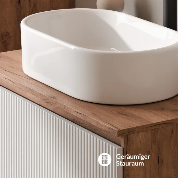 ARISA Bathroom Furniture Set, White Ribbed – With Veluna LED Mirror and White Ceramic Countertop Sink (60 cm)