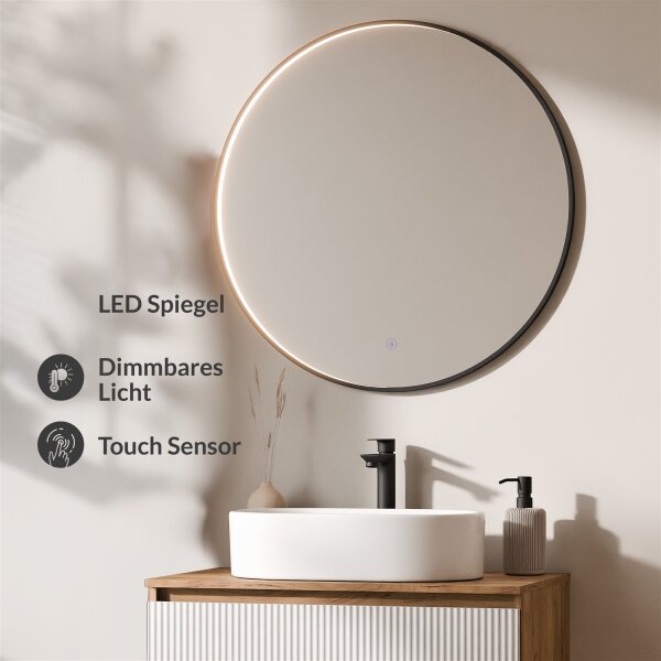 ARISA Badmöbel Set Weiß Geriffelt – Mit Veluna LED Spiegel und weißem Keramik-Aufsatzwaschbecken 60 cm