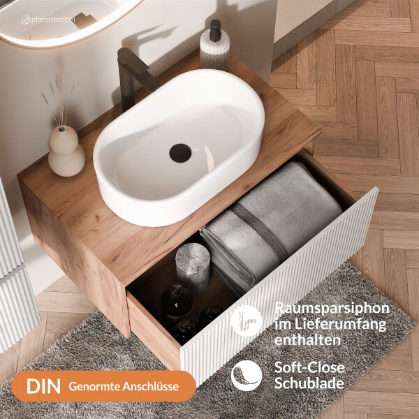 ARISA Badmöbel Set Weiß Geriffelt – Mit Veluna LED Spiegel und weißem Keramik-Aufsatzwaschbecken 60 cm