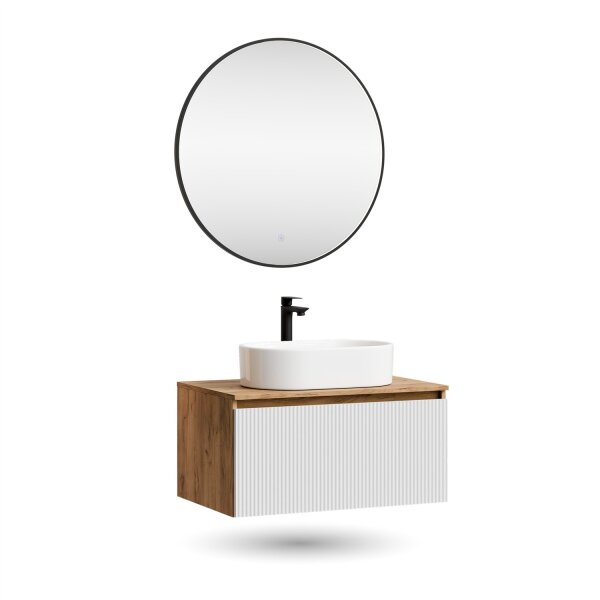 ARISA Badmöbel Set Weiß Geriffelt – Mit Veluna LED Spiegel und weißem Keramik-Aufsatzwaschbecken 60 cm